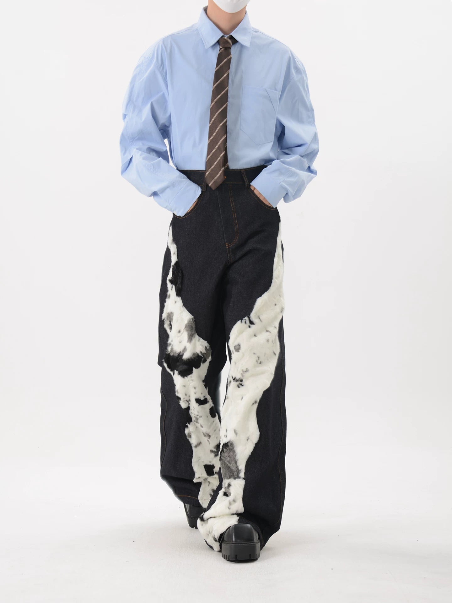 LUCE GARMENT Stitched Plush Wide-leg Jeans