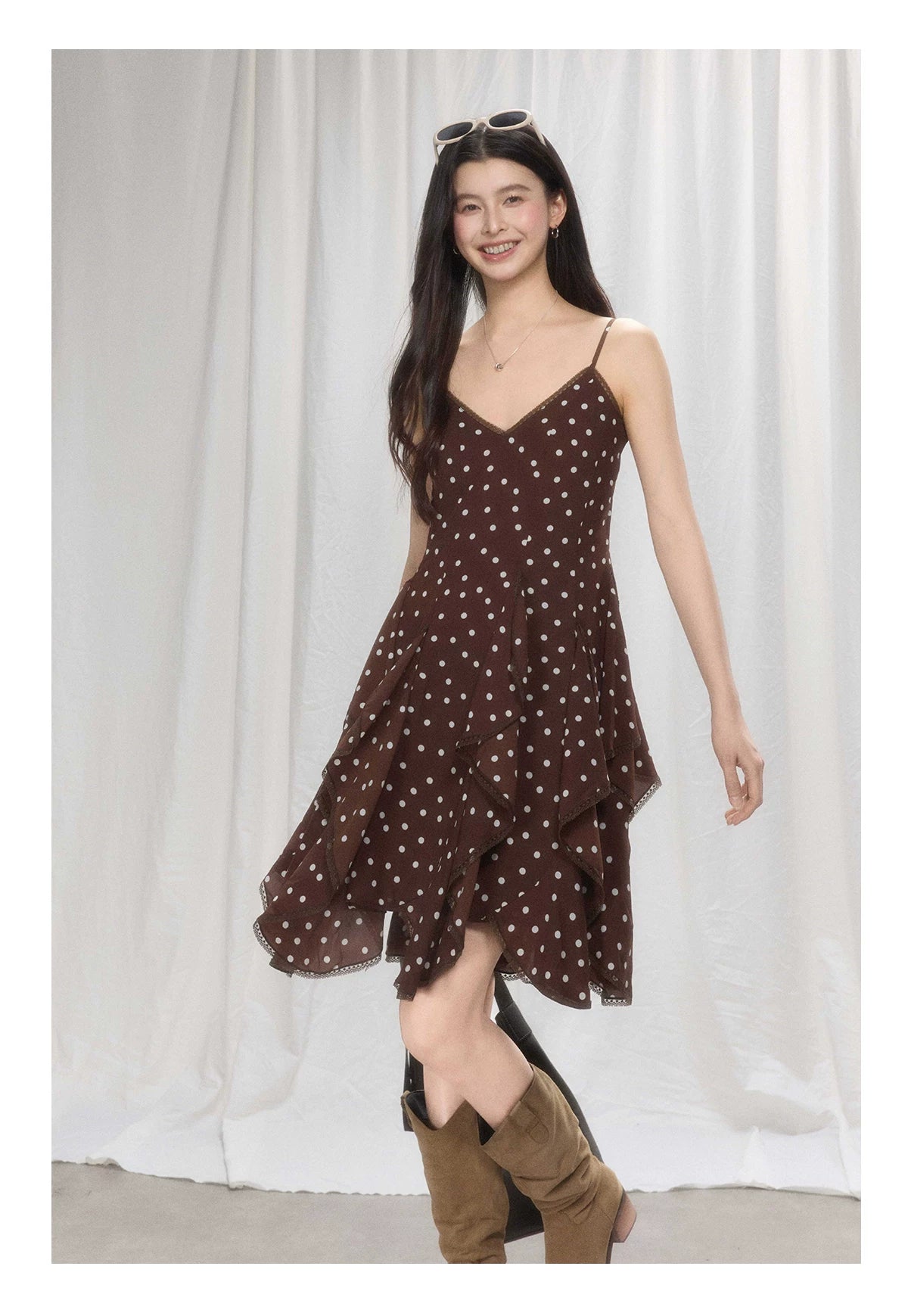 TYANG Retro Polka Dot Irregular Suspender Skirt