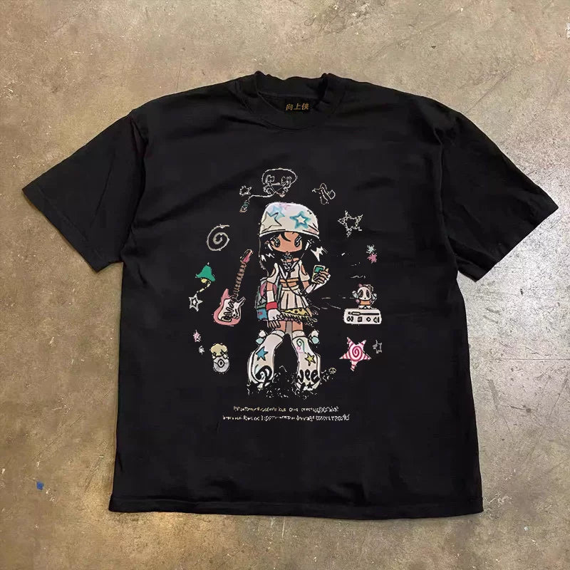 UPUPXIA Cartoon Print Crew Neck Loose Tee