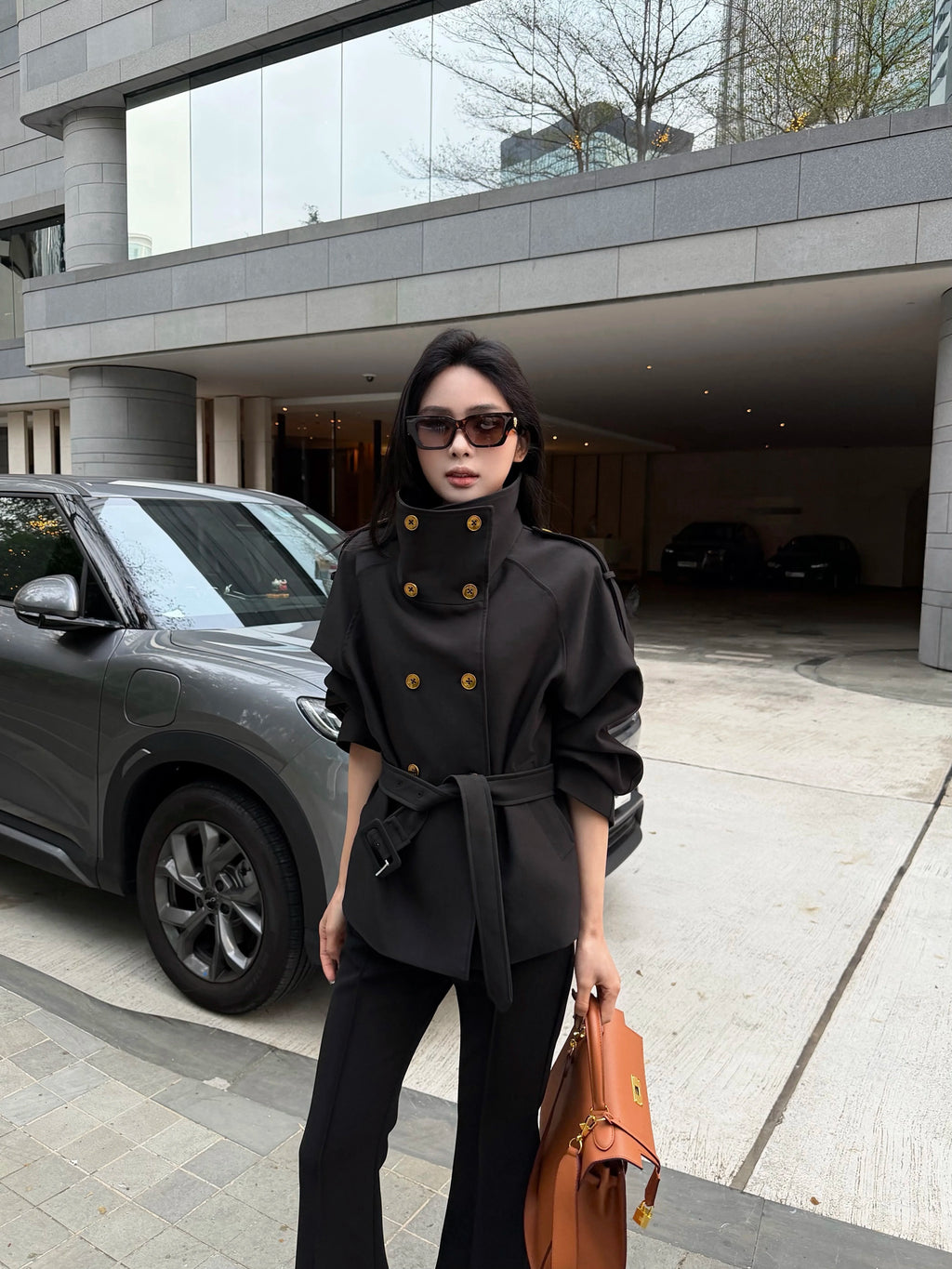 CHUYUQI Stand-up Collar Waist Double-breasted Trench Coat
