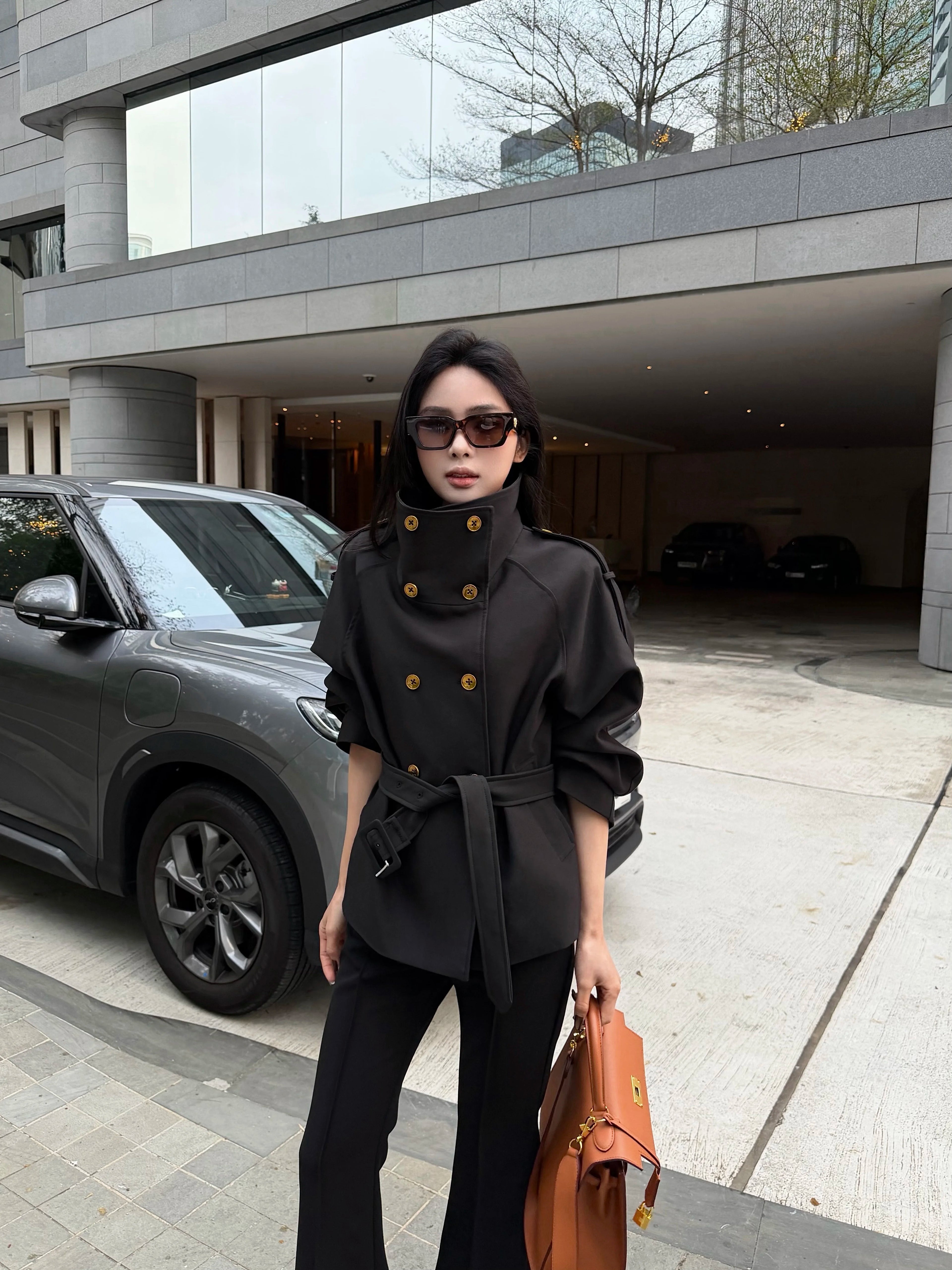 CHUYUQI Stand-up Collar Waist Double-breasted Trench Coat
