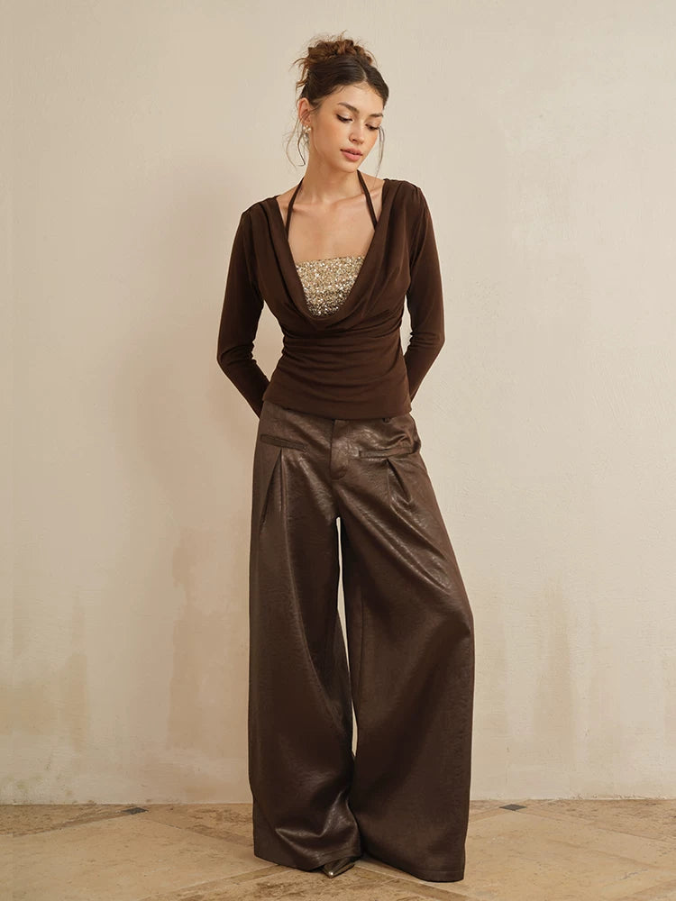 J TheChosen Satin Leather Double-pleated Loose Wide Leg Pants