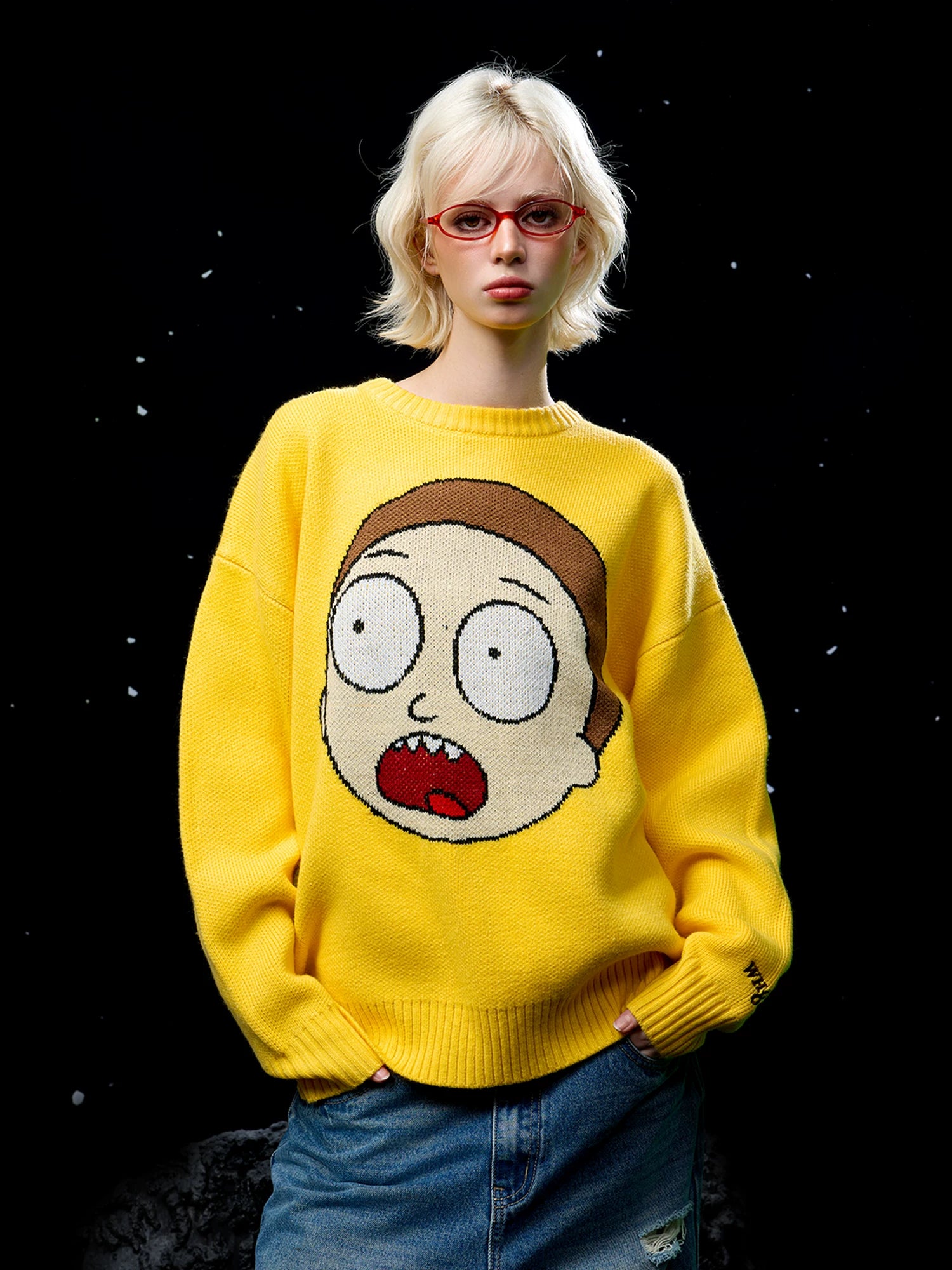 WHOOSIS Anime Cartoon Print Jacquard Crew Neck Sweater