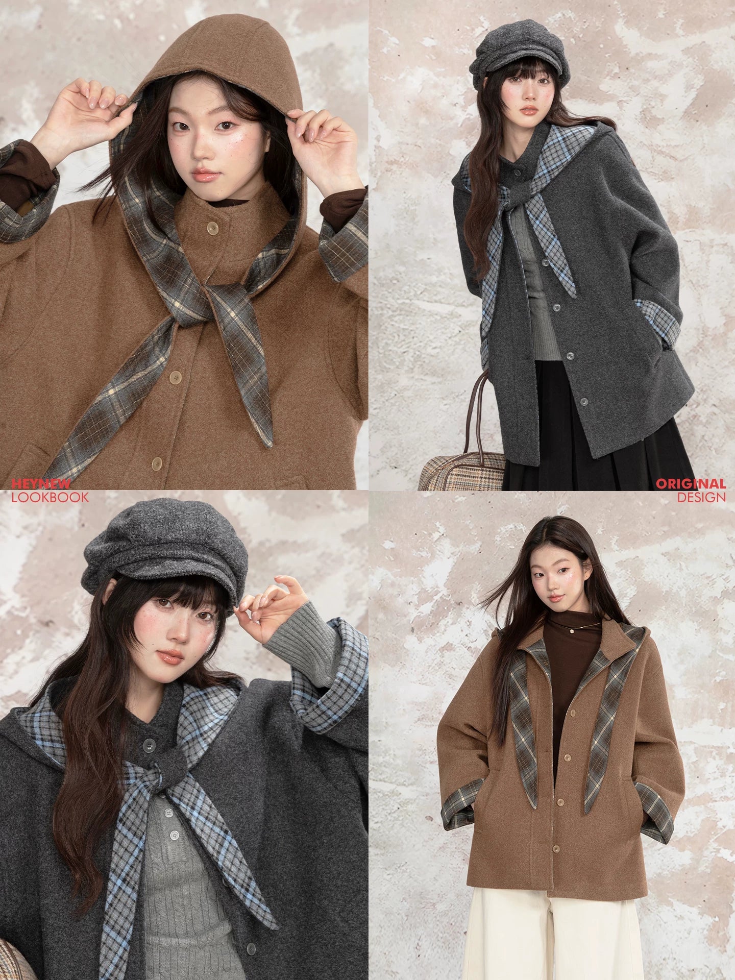 LOVEHEYNEW Vintage Plaid Hooded Removable Woolen Jacket
