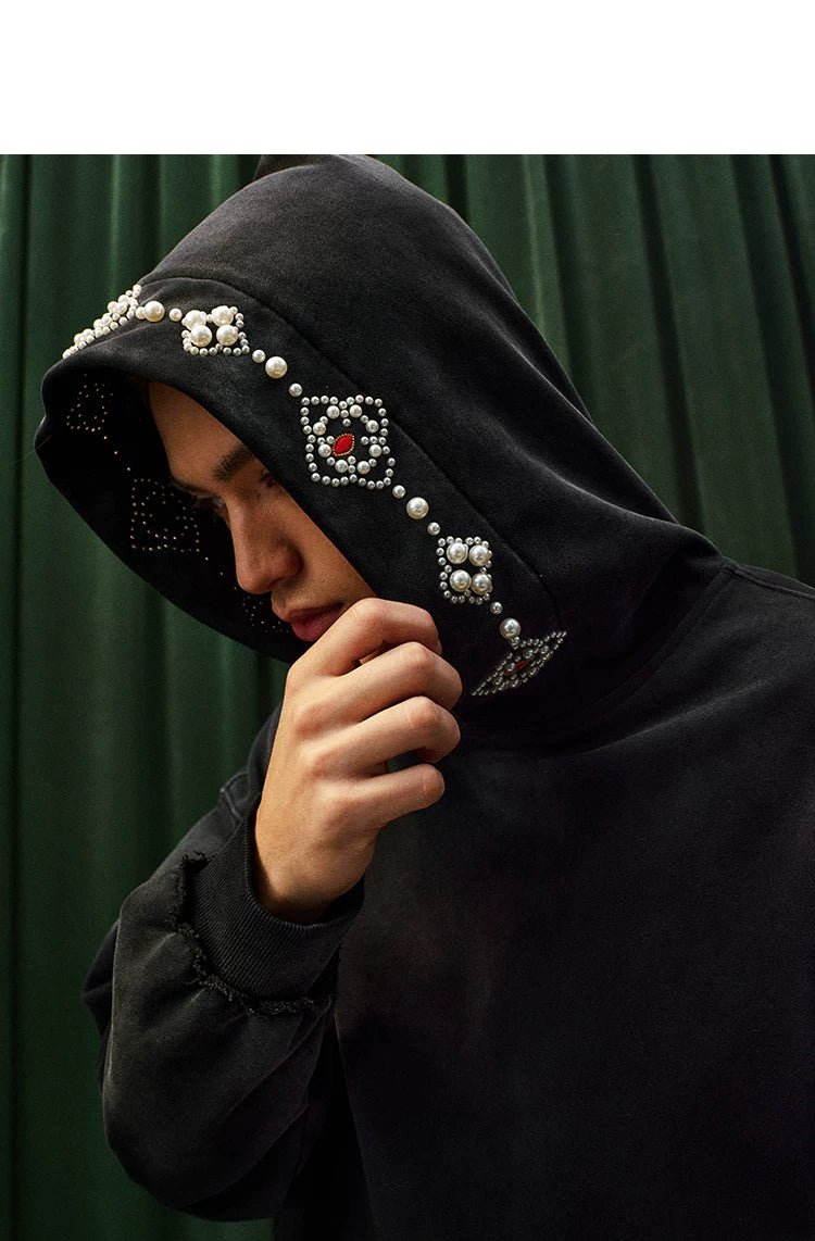 YADcrew Beaded Embroidered Loose Casual Hooded Sweater