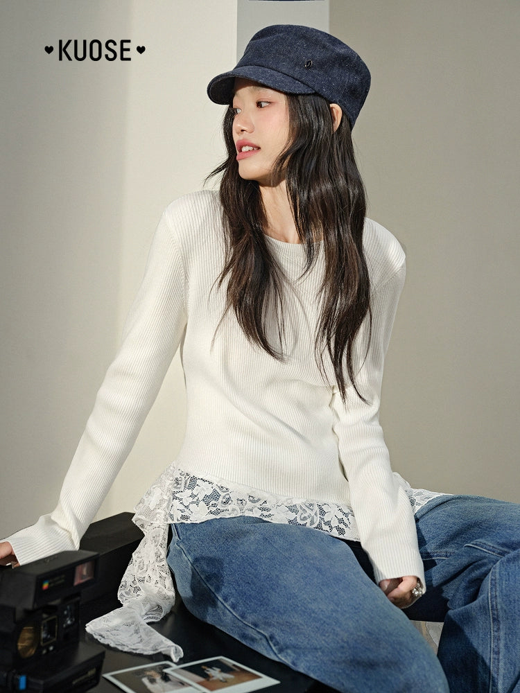 Kuose Irregular Lace Temperament Bottomed Knitted Sweater