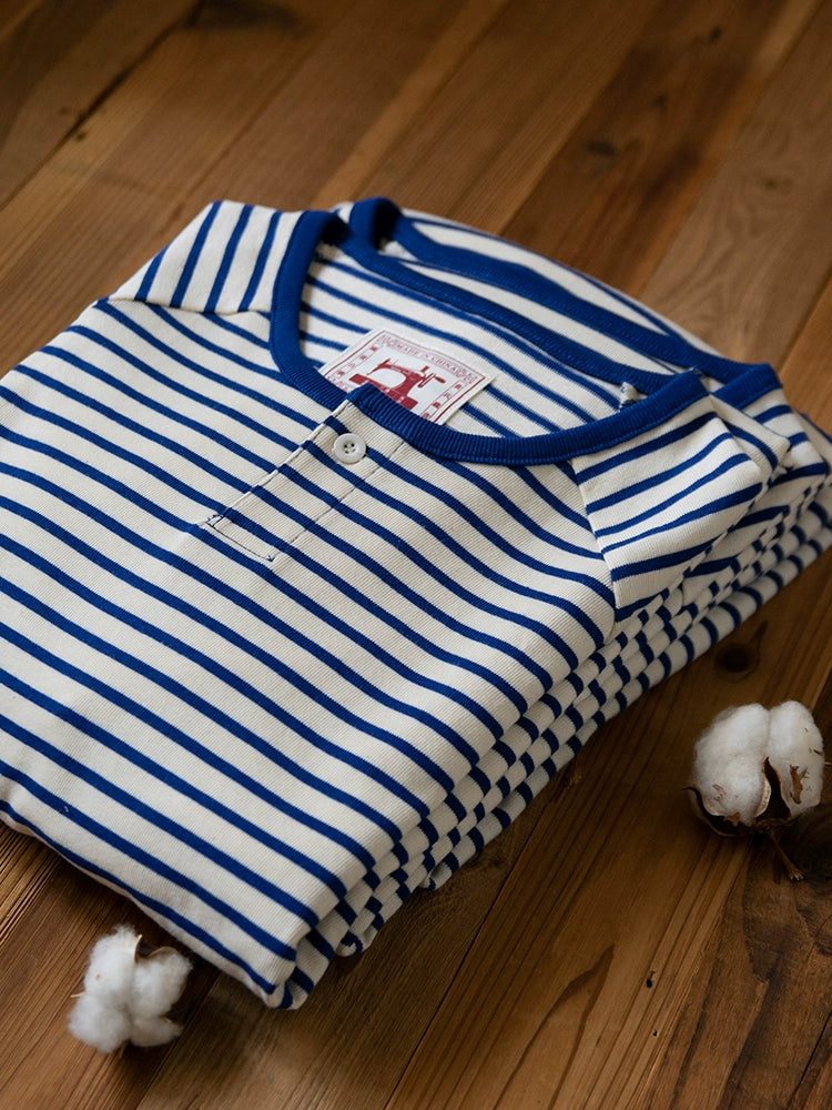 PrintAce Henry Collar Shoulder Vintage Blue and White Striped Tee