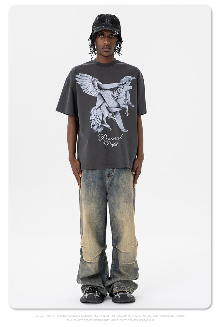 SUPER WAY Pegasus Printing Tide Brand Printing Loose and Versatile Tee