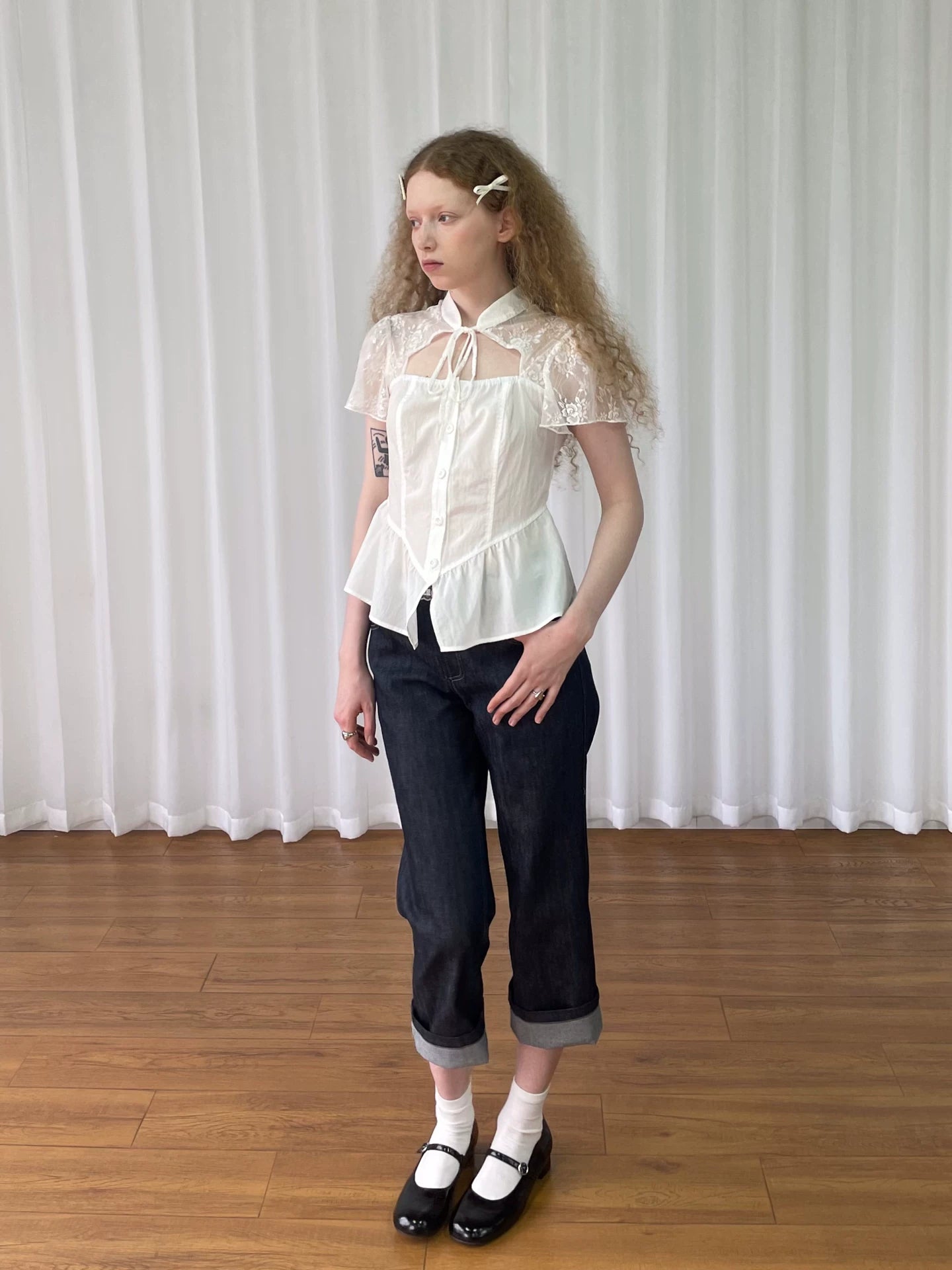 Loosesmell Jacquard Lace Stitched Short Sleeve Shirt