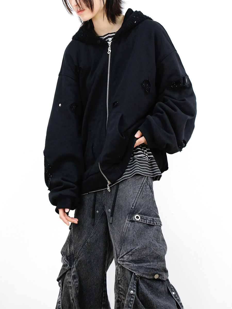 RELABEL Removable Double Hat Loose Double Zipper Sweater