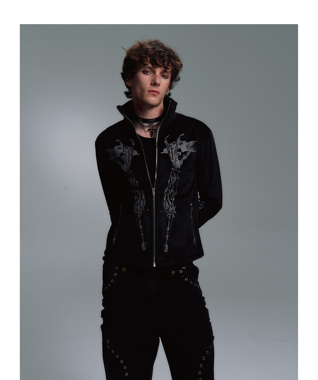 PAIKI Skull Singer Music Notes Stand-up Collar Velvet Jacket