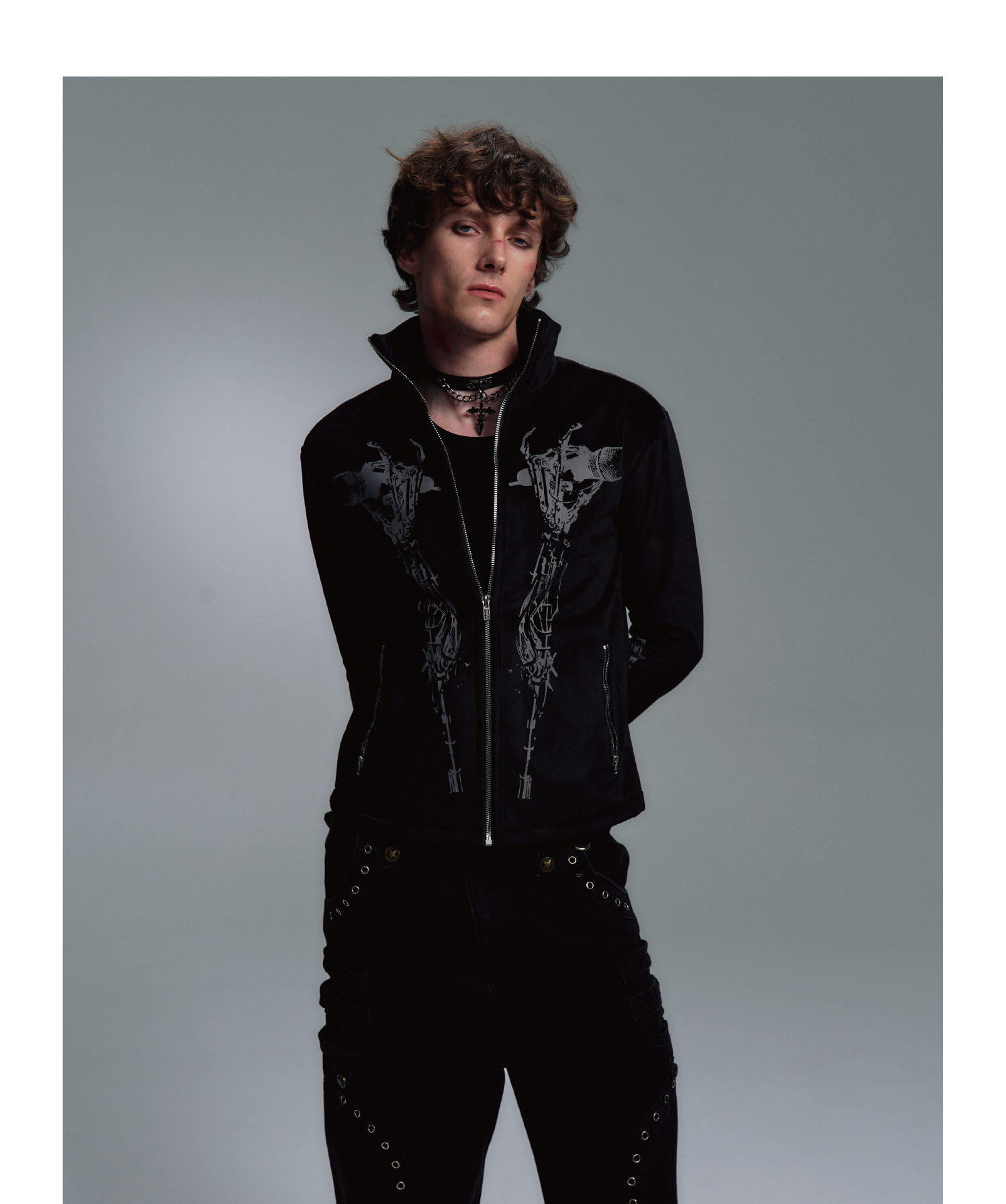 PAIKI Skull Singer Music Notes Stand-up Collar Velvet Jacket