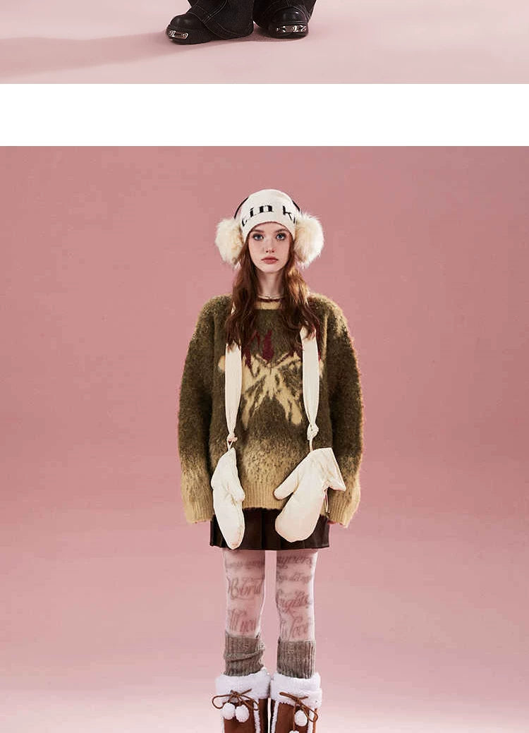 Imone Retro Gradual Change Splash Ink Butterfly Jacquard Sweater