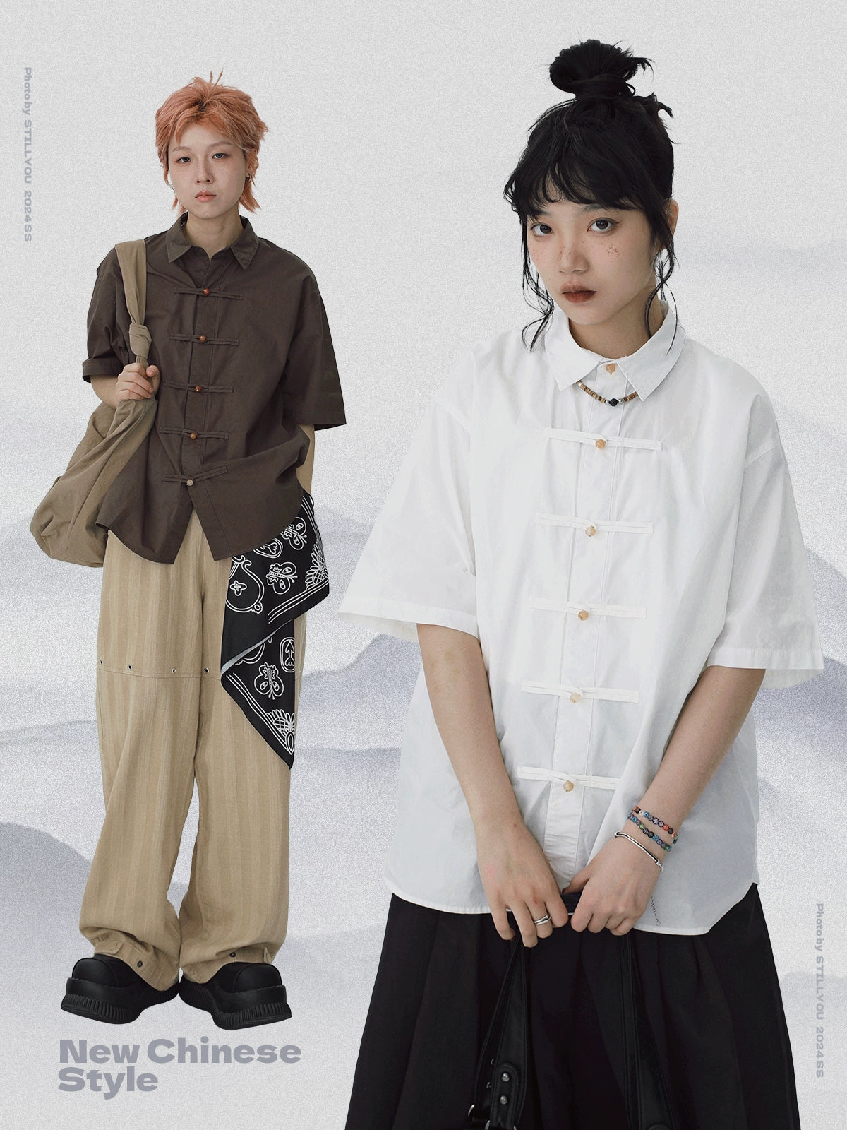 STILLYOU New Chinese Retro Jewel Button Short Sleeve Shirt