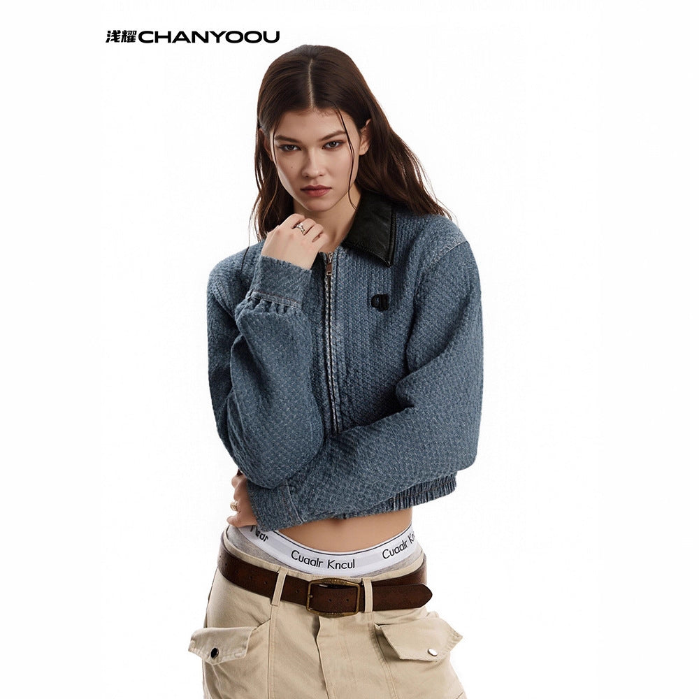 CHANYOOU Retro Contrasting Lapel PU Leather Denim Jacket