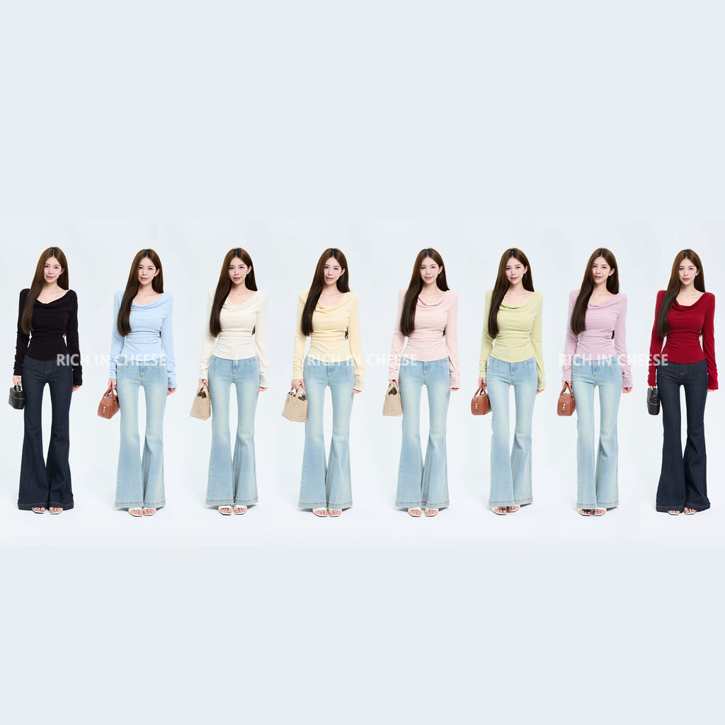 RICH IN CHEESE Swing Neck Knitted Waist Pleated Long Sleeves