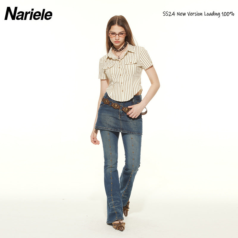 Nariele Striped POLO Neck Slim-Fit Short Shirt