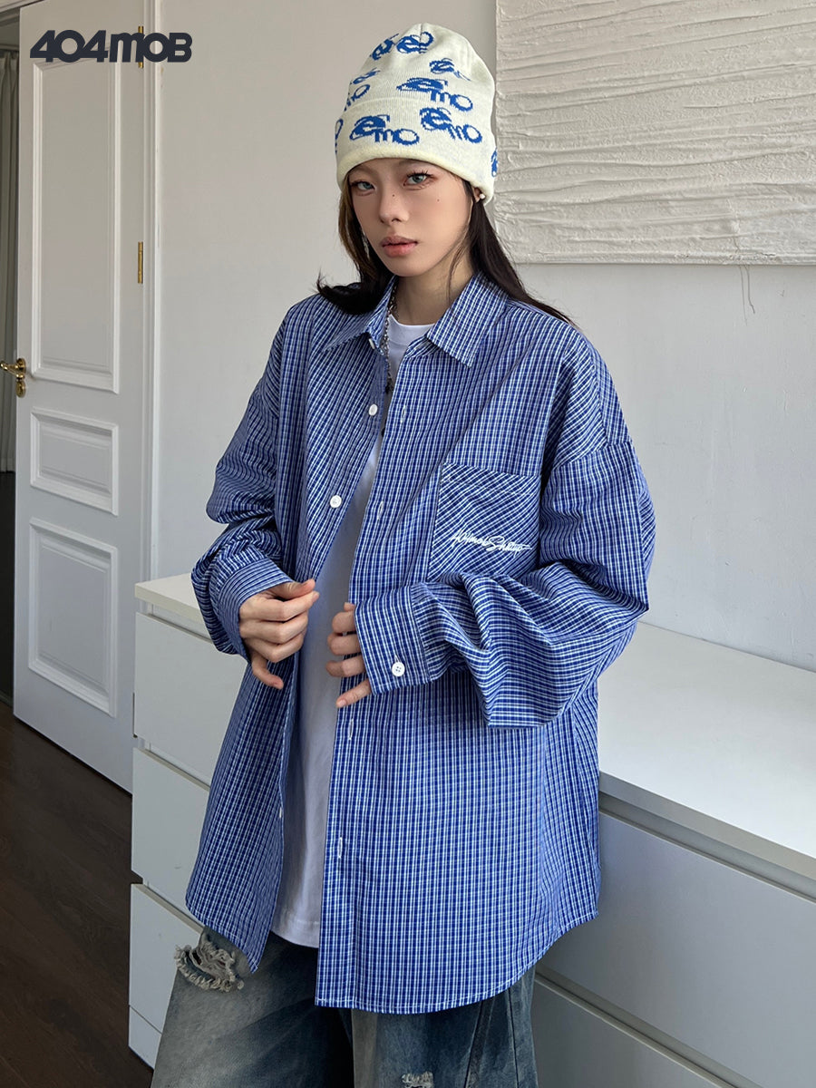 404MOB Embroidery Blue Grid Shirt