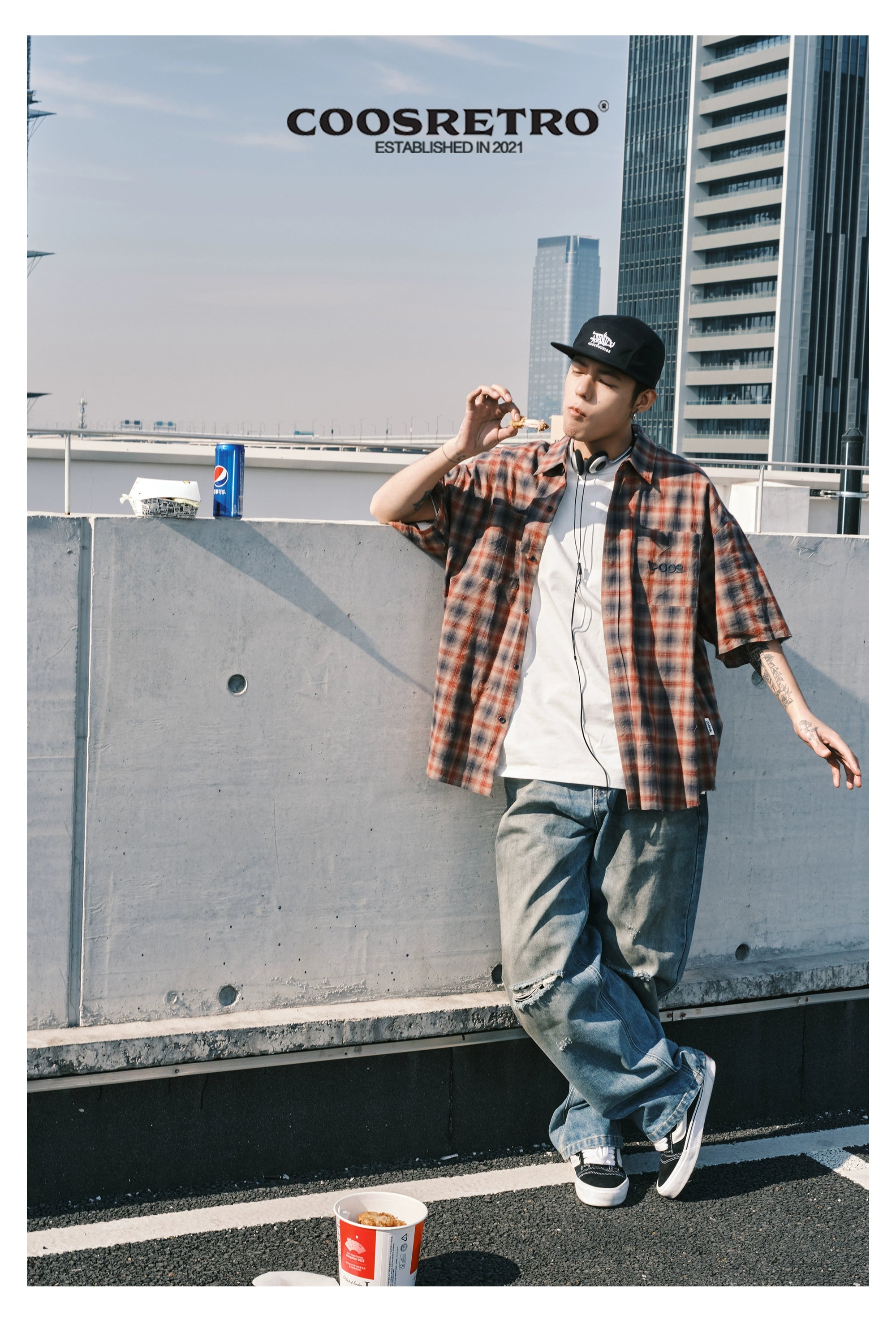 CoosRetro Contrasting Casual Plaid Short-sleeved Shirt