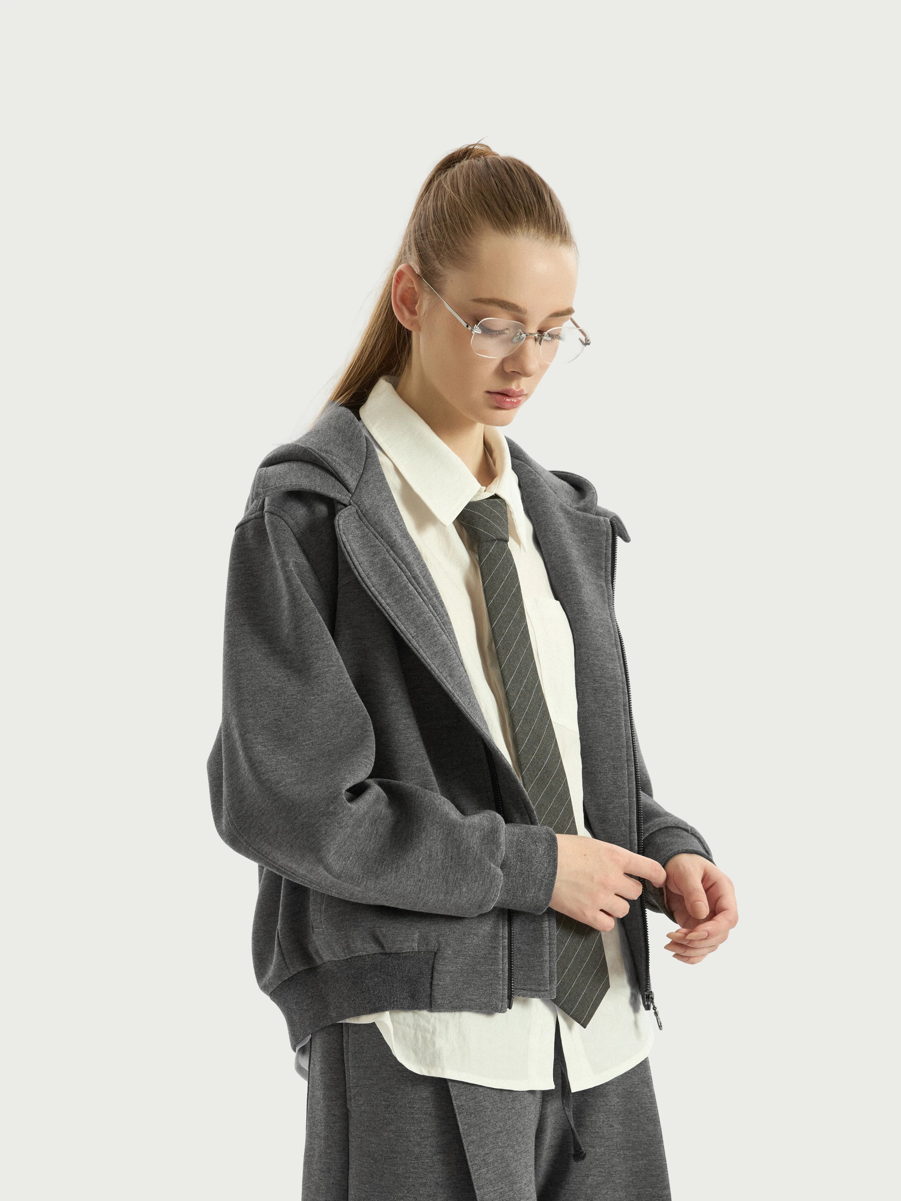Stay The Night Double Neck Front Shoulder Hooded Sweater Jacket
