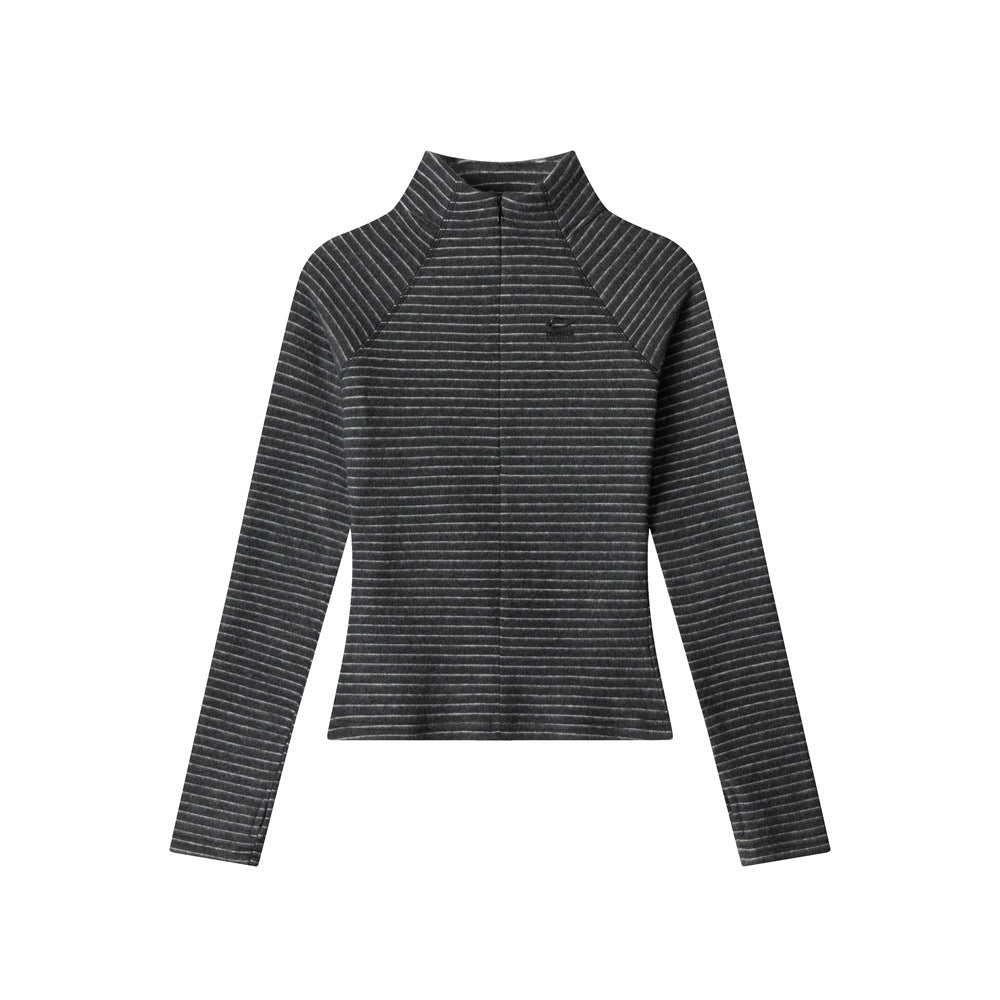 Nariele Stand Neck Slim Fit Striped Sports Long Sleeve