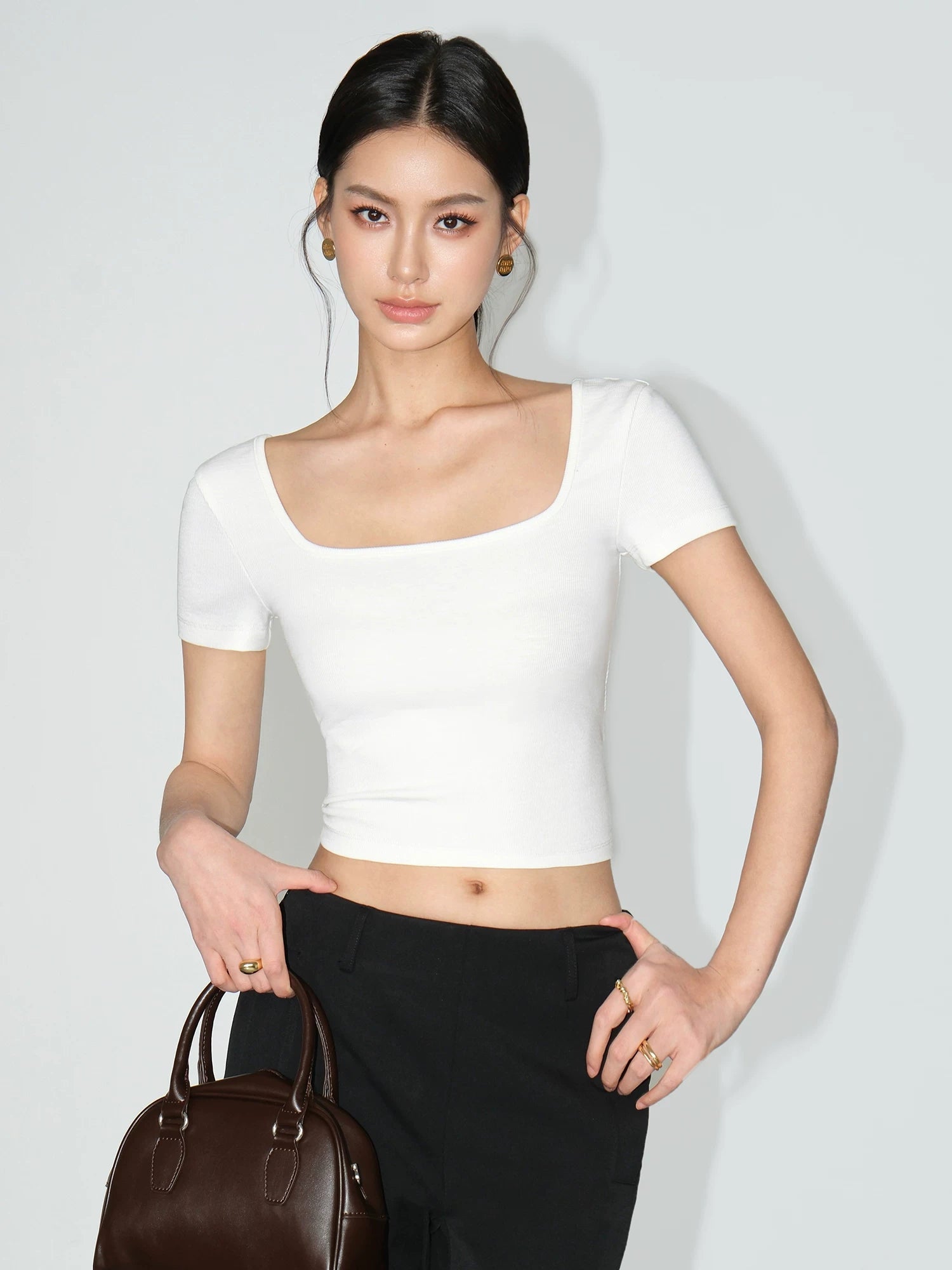 NEVA HU Square Collar Slim-fitting Versatile Short Button Tee