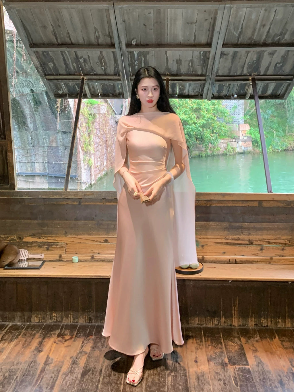 ZIHE Satin Spliced Chiffon Shawl Fishtail Dress