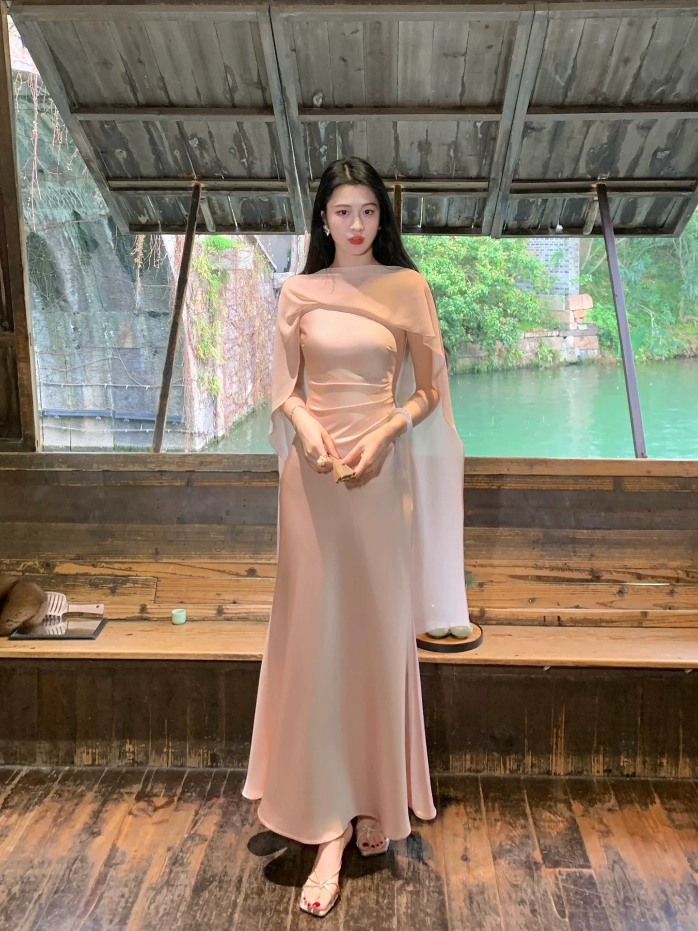 ZIHE Satin Spliced Chiffon Shawl Fishtail Dress
