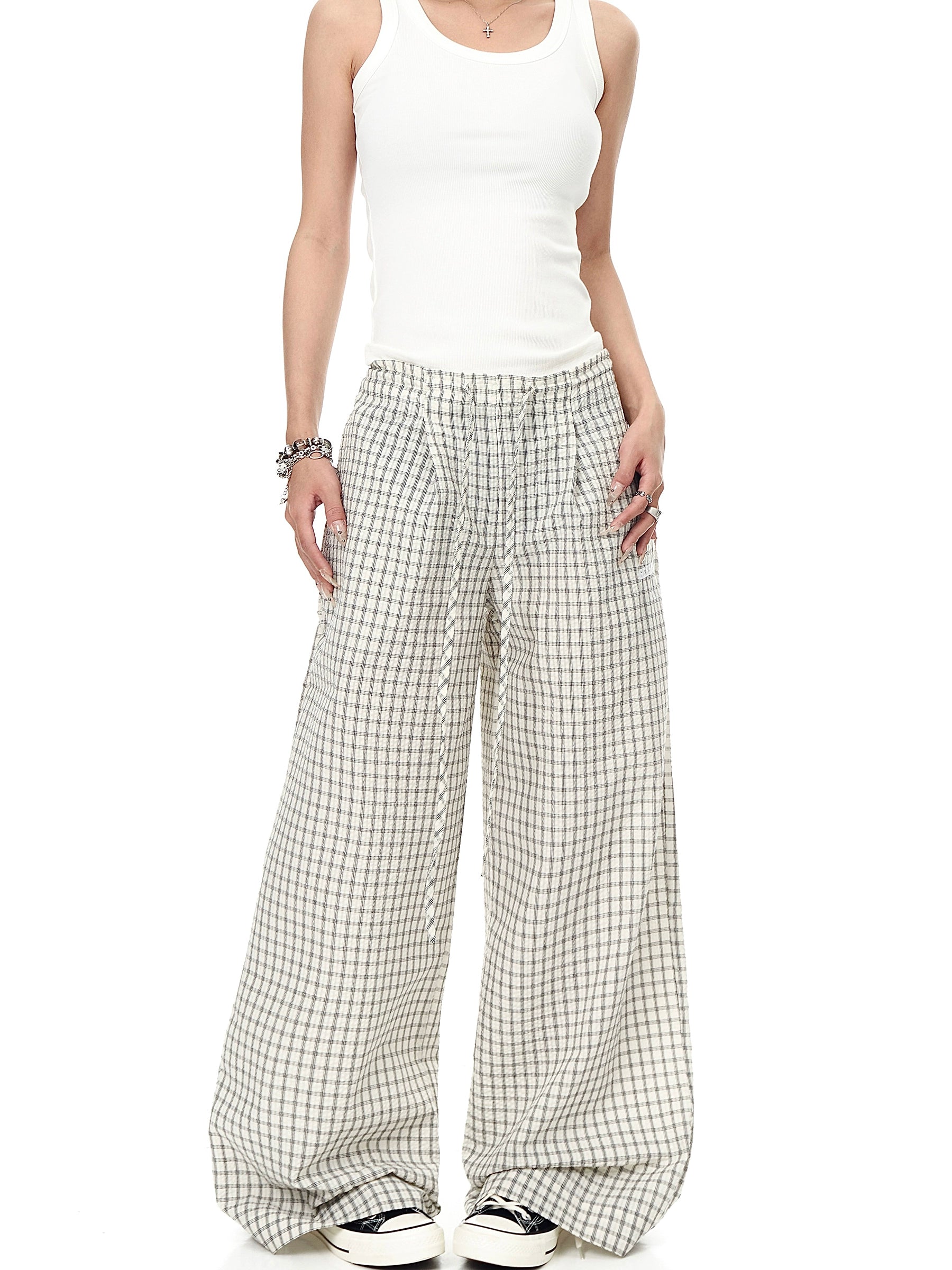 BLACKLISTS Lazy Casual Checked Wide Leg Floor Pants