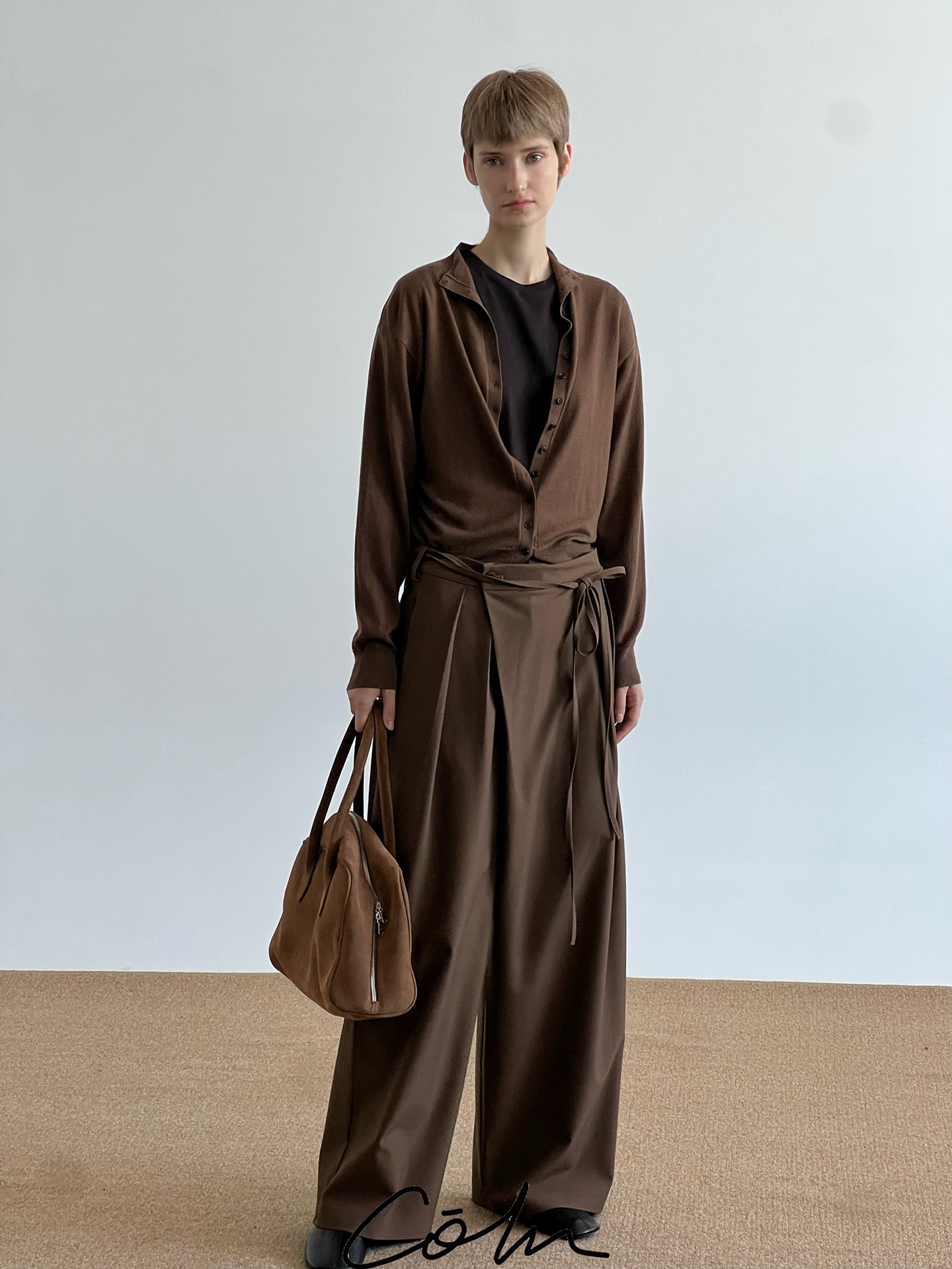 COLN Diagonal Placket Lace-up Loose Suit Pants