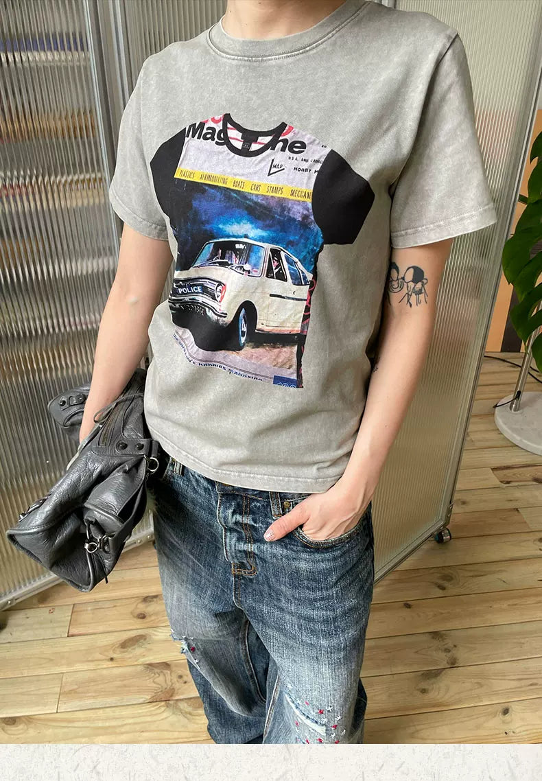 MMBBT Car Print Front Shoulder Thin Short Tee