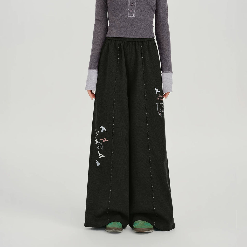 Girlyhalo Vintage Embroidered Wide Leg Casual Pants