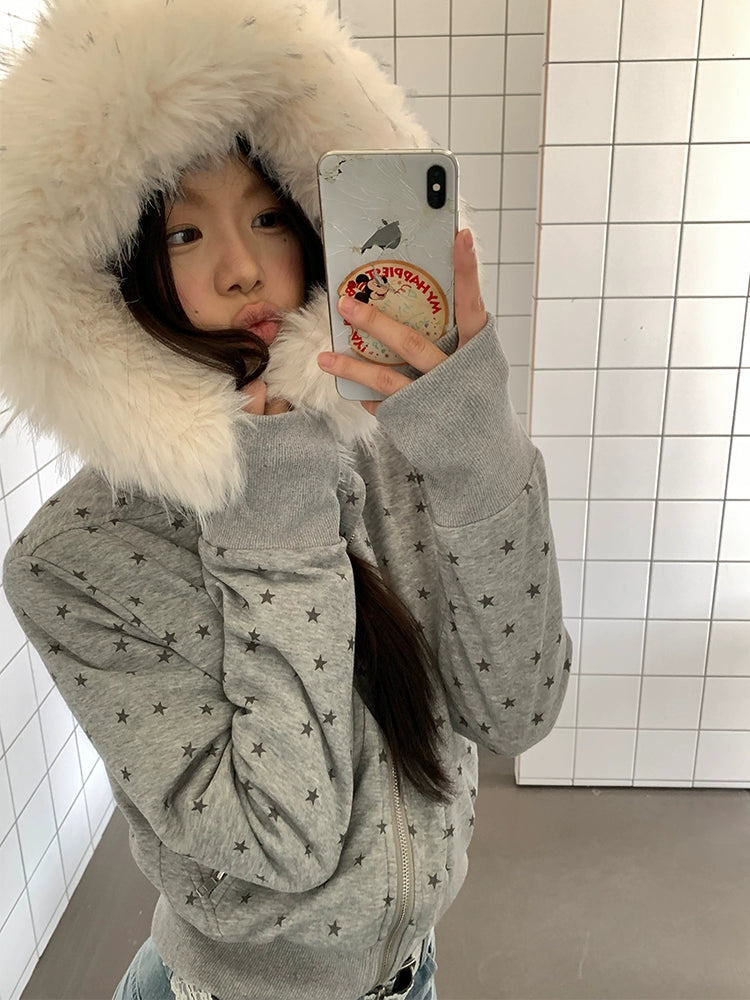 EAHO Star Full Print Removable Fur Collar Hooded Fleece Jacket