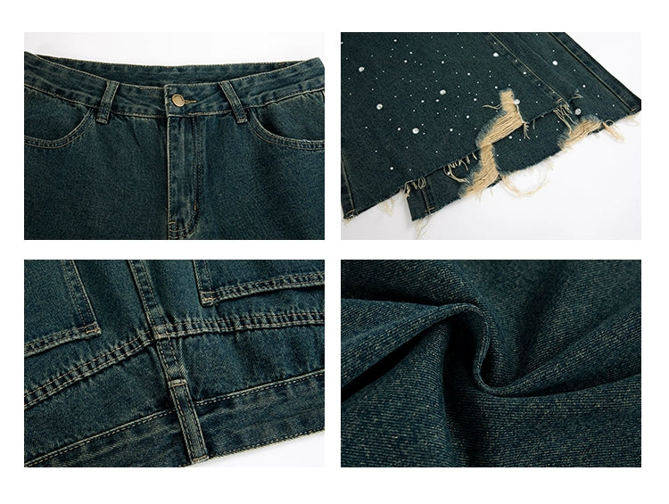 UNIFREE Slim-fit and Slightly Pulled Jeans with Flash Diamonds