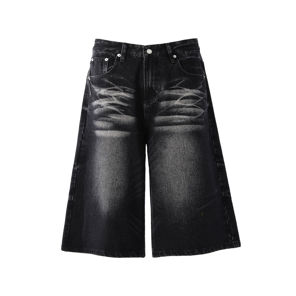 BTSG washed cat beard loose wide-leg denim shorts