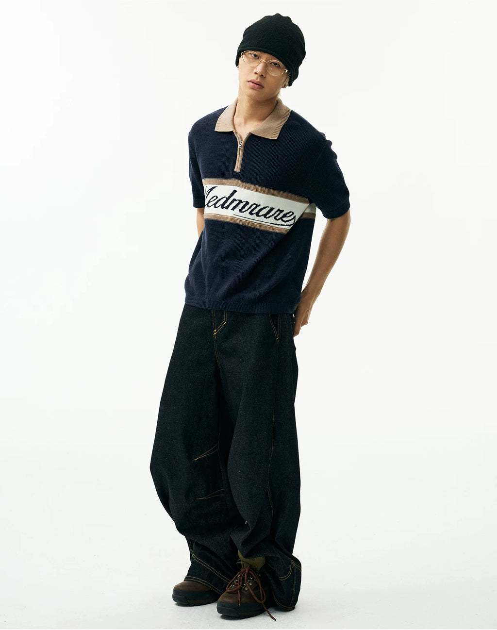 MEDM Contrasting Lapel Neck Zipper Knitted Polo Shirt