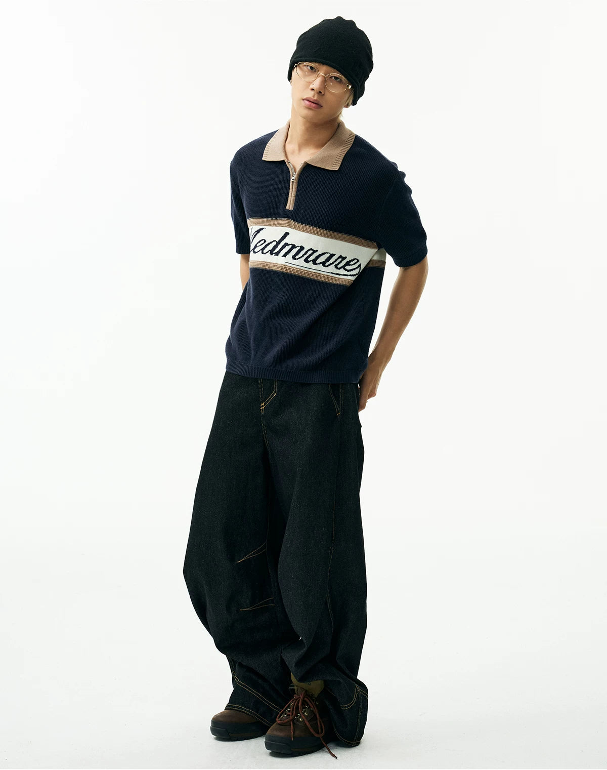 MEDM Contrasting Lapel Neck Zipper Knitted Polo Shirt