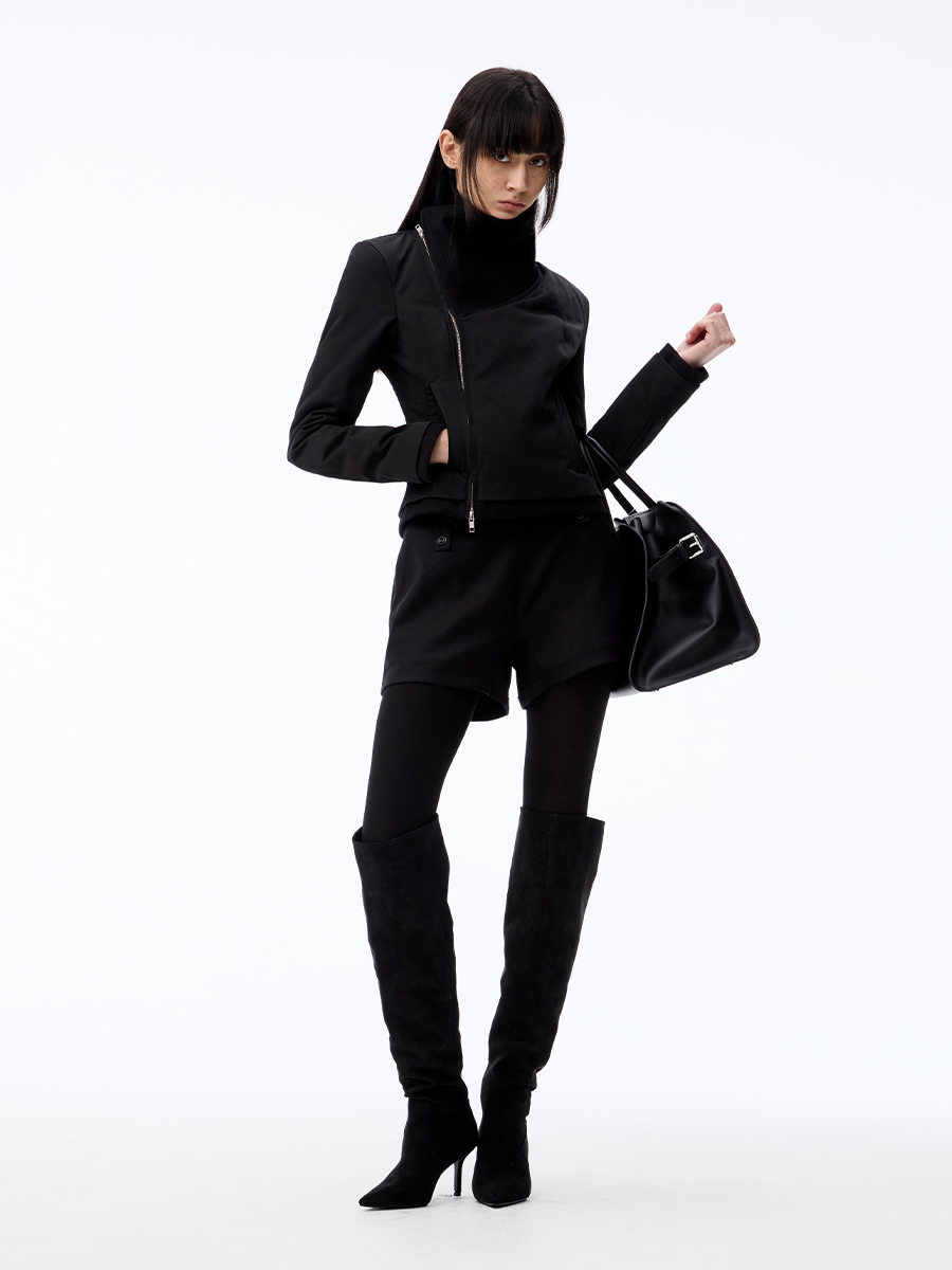 JCAESAR WOMEN Threaded Cross-Neck Slim-Fit Oblique Zipper Down Jacket