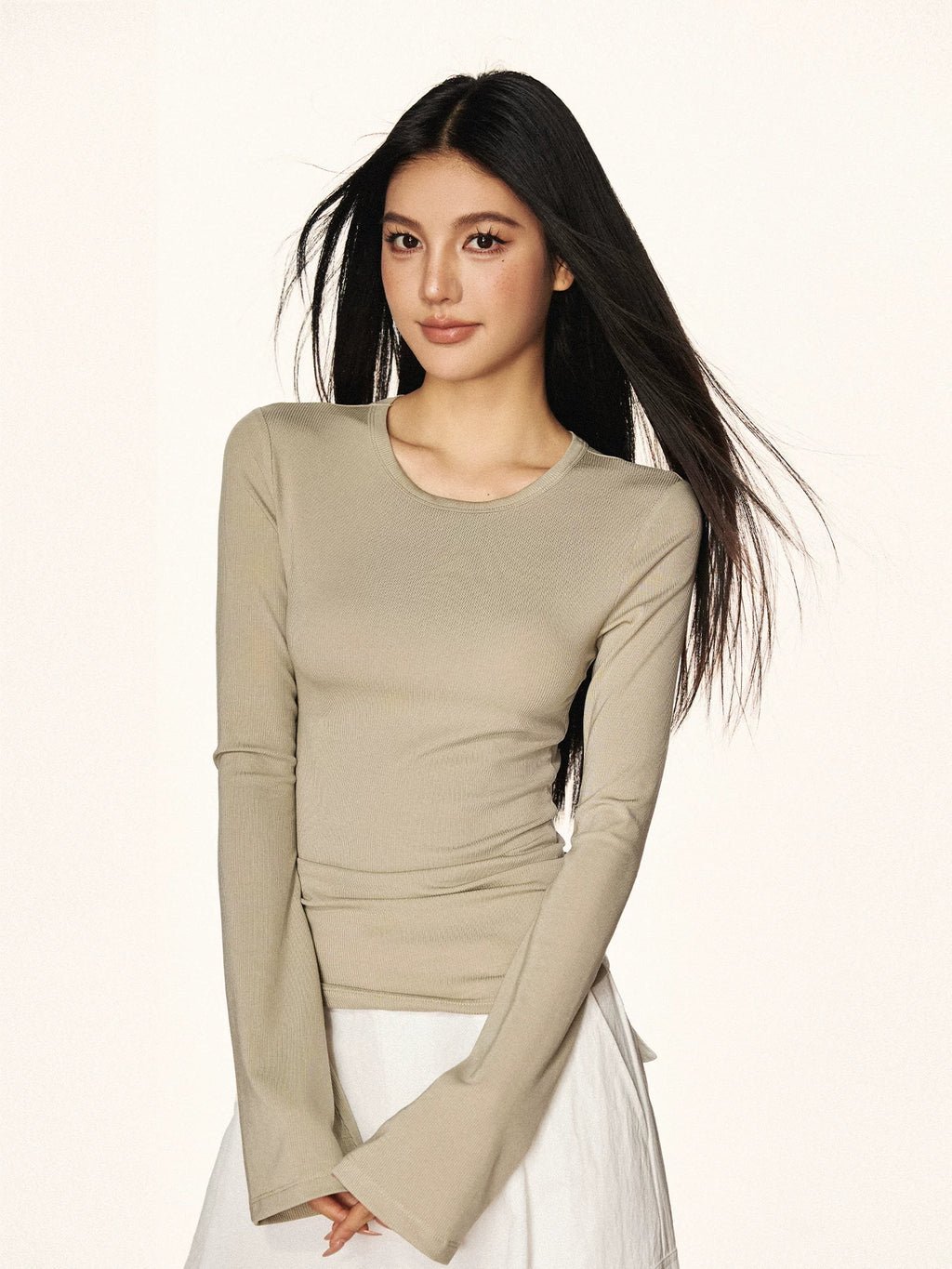 Cherry Melody Retro Tencel Horn Sleeve Slim Crew Neck Long Sleeve