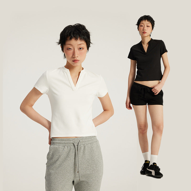 InflationV Neck Front Shoulder Skinny Short Tee