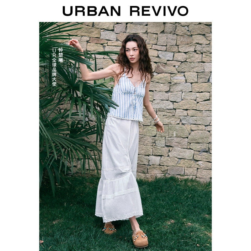 URBAN REVIVO Wave Splicing Lace Skirt