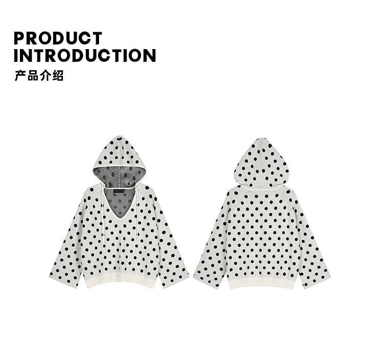 Mershier Vintage Polka Dot V-Neck Hooded Knitted Sweater