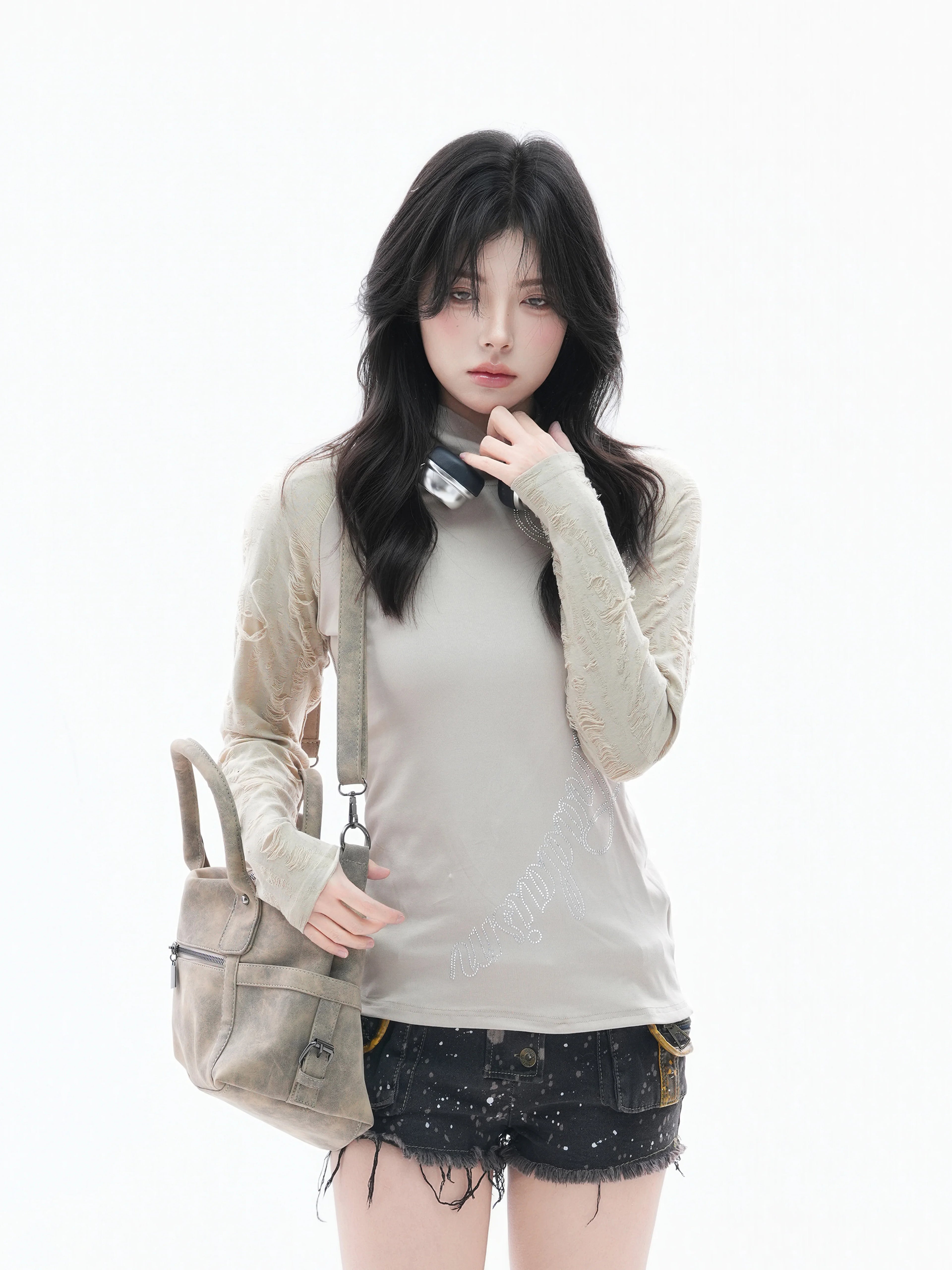Zuocisankon High Neck Slim Fit Hot Diamond Long Sleeves
