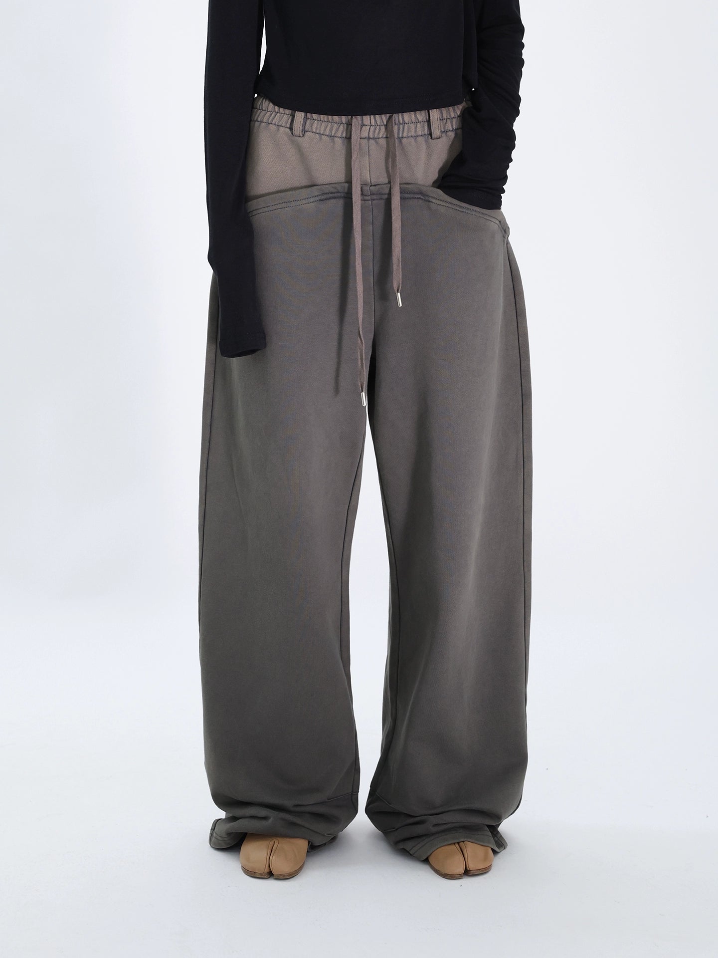 FUZZYKON Loose Old Splicing Double Waist Sweatpants