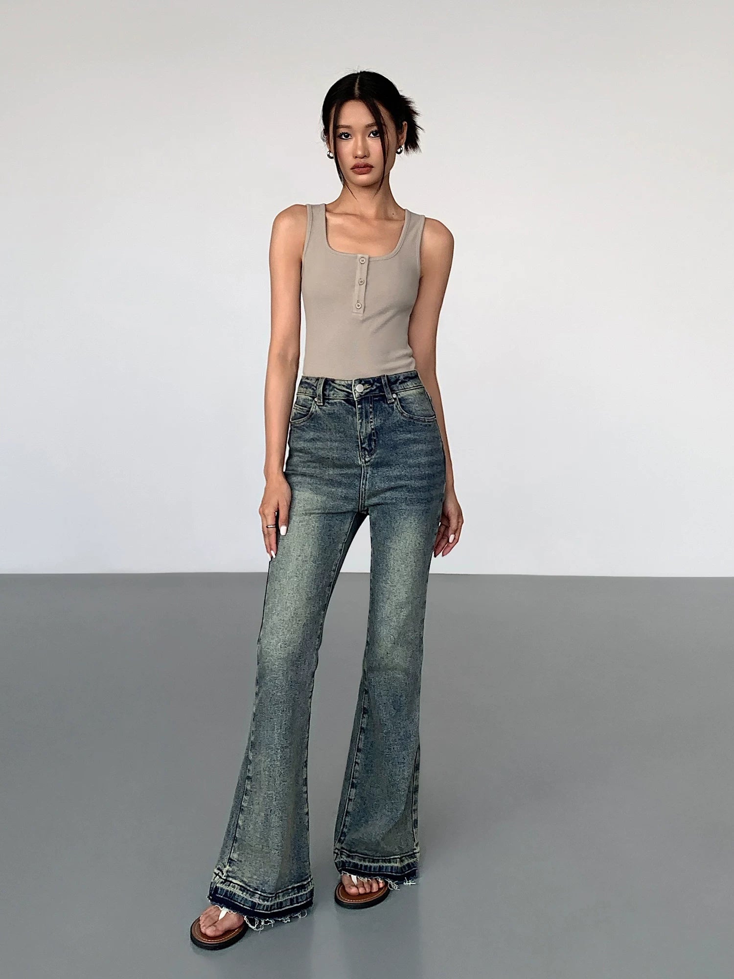 OUSPH Vintage High Waist Burr Edge Pull Jeans