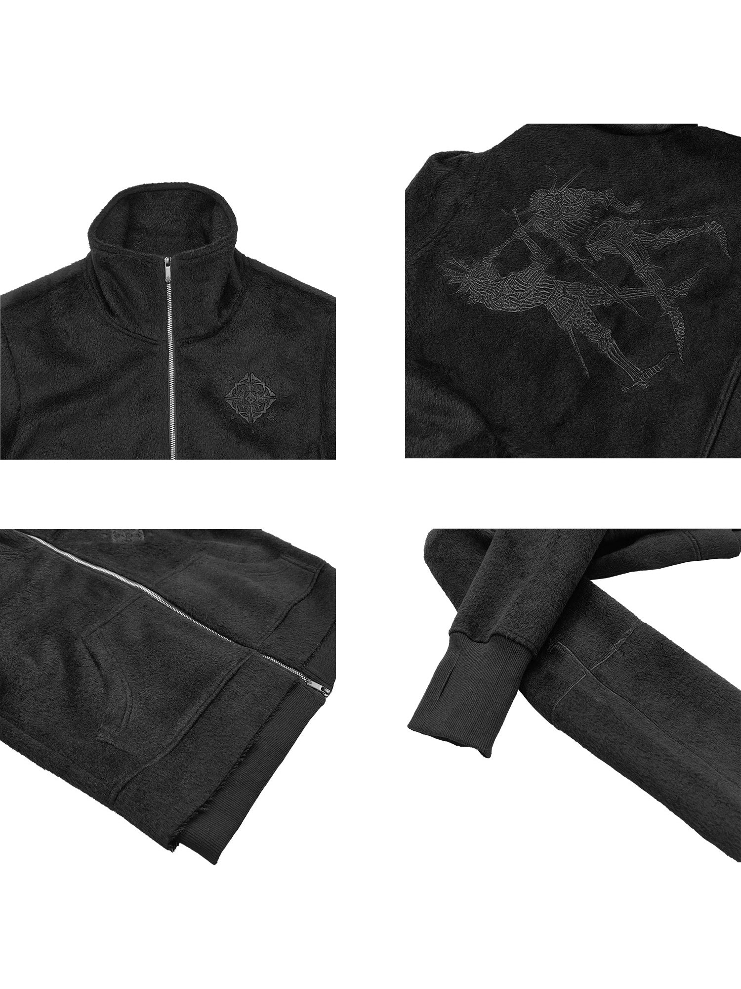 WANNA LAB Stand-up Collar Embroidered Woolen Short Plush Zip Jacket