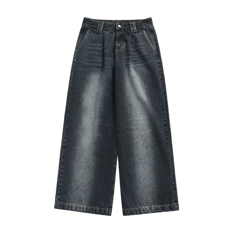 FUNKYFUN Pleated Design Trendy Washed Straight Jeans