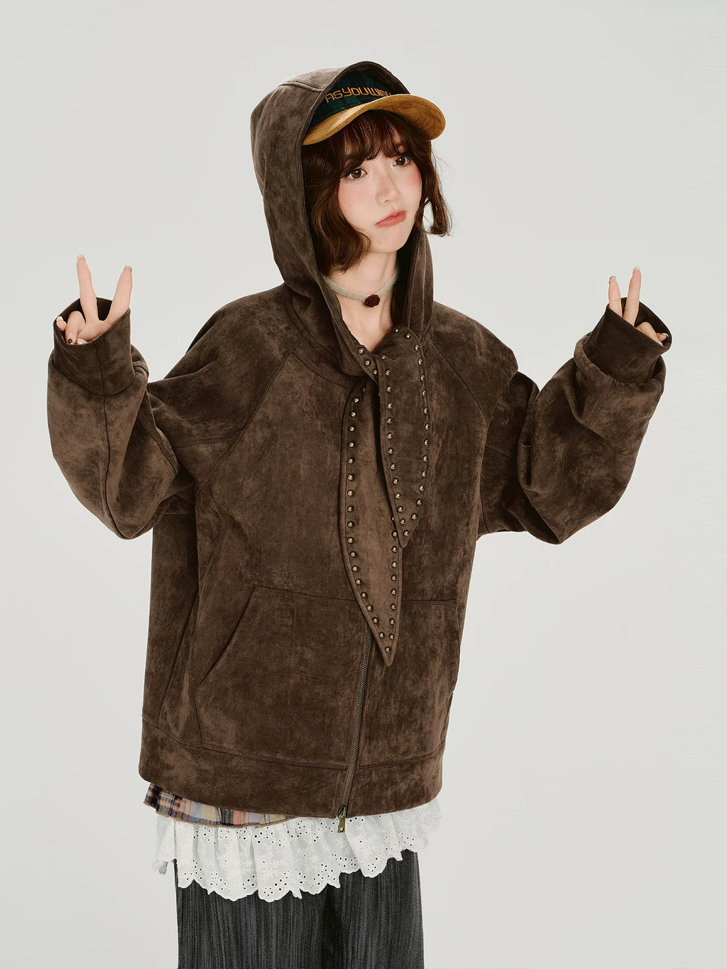 Girlyhalo Vintage Loose Suede Hooded Jacket