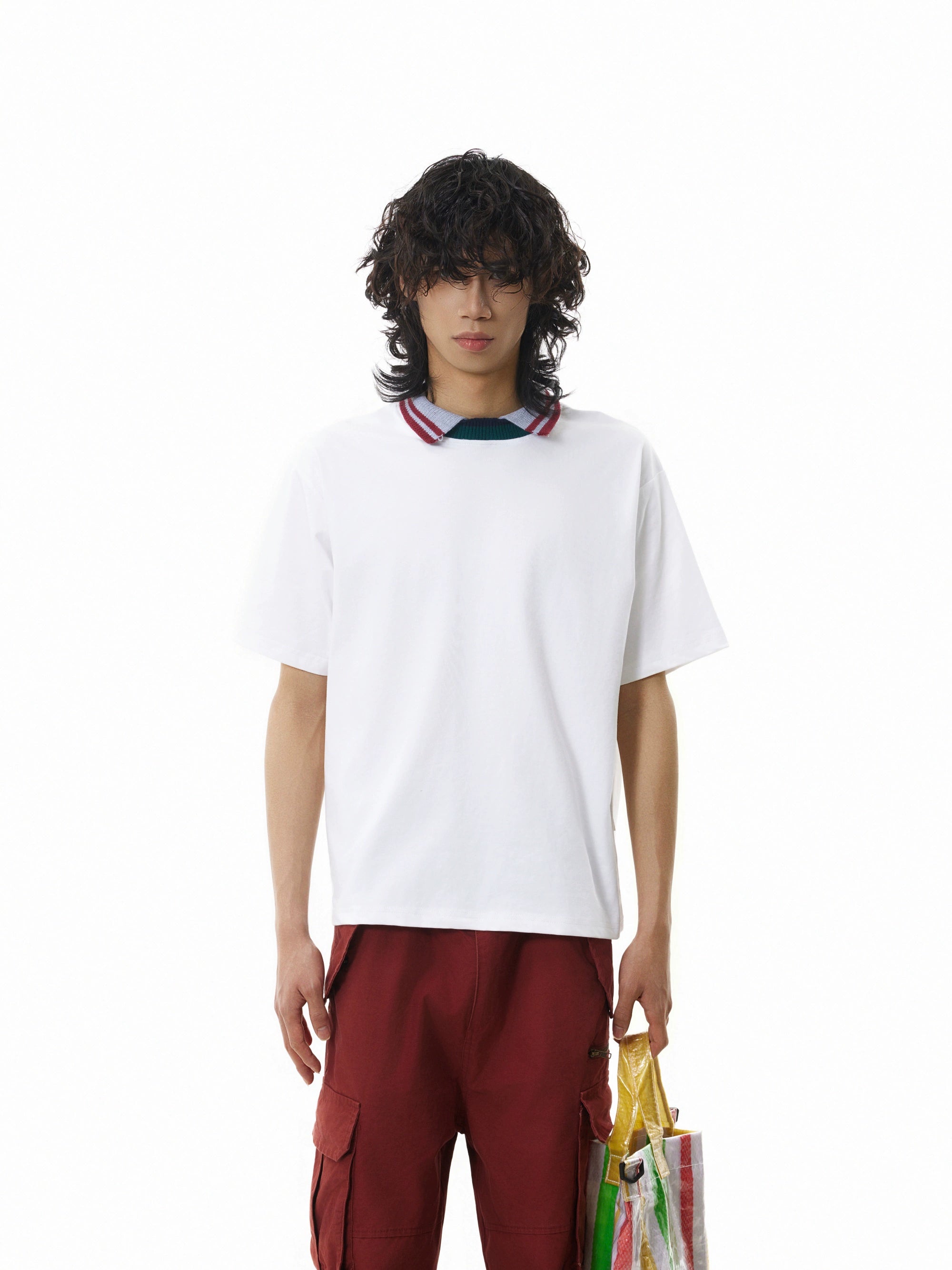 BTSG three-color splicing threaded neckline lapel Tee