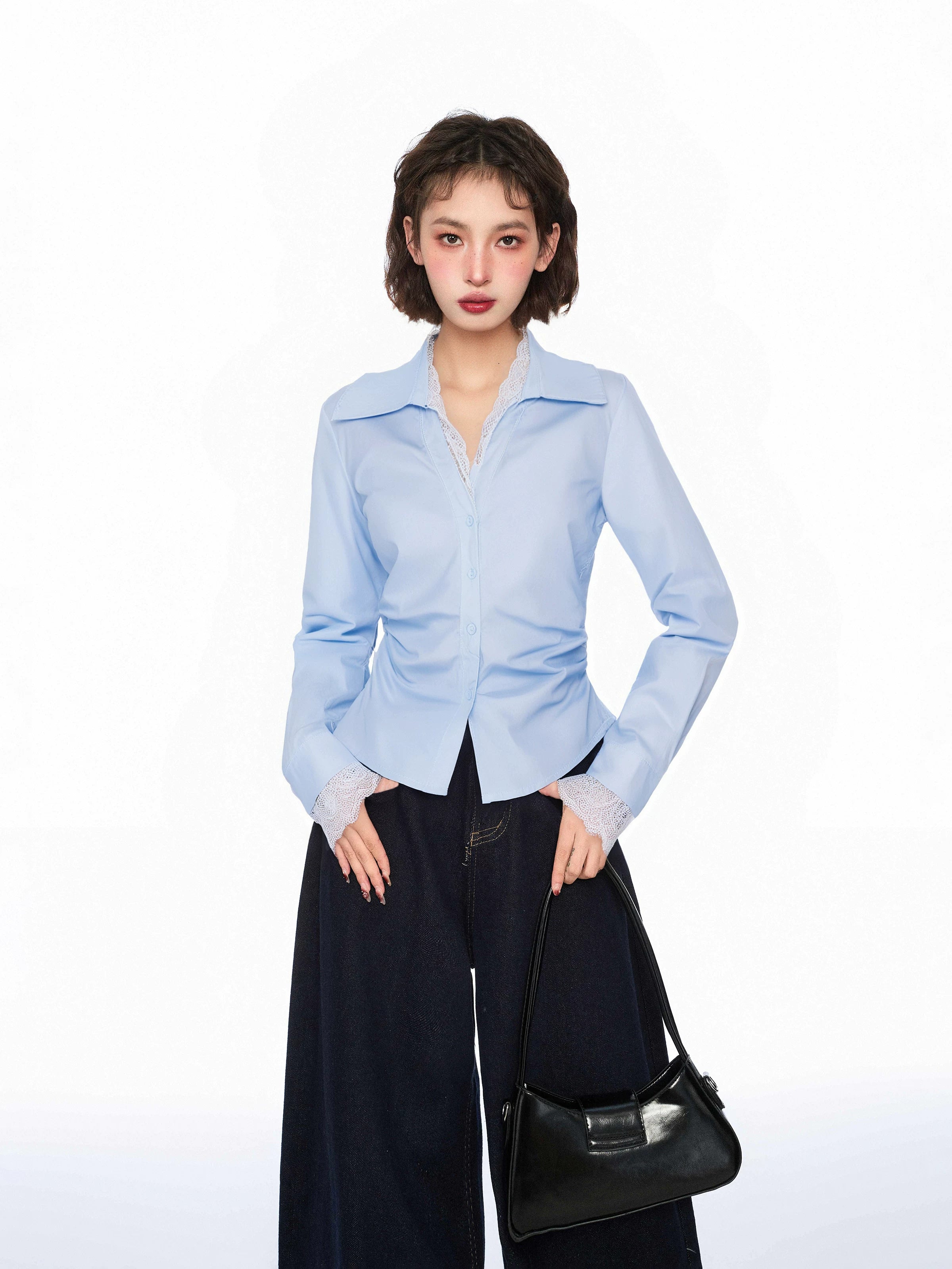 Blackbb Lace Polo Lapel Long Sleeve Shirt